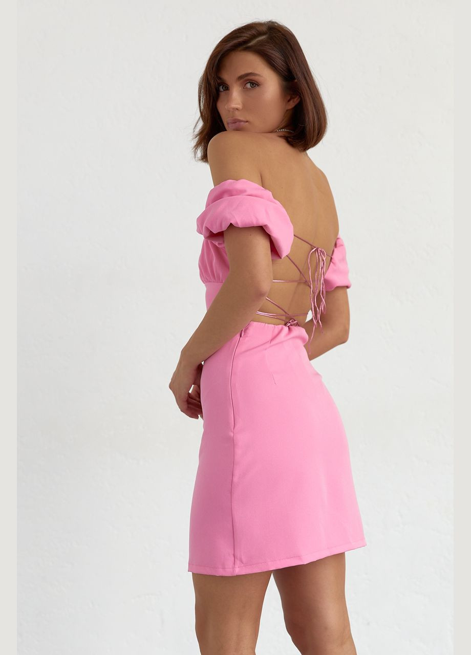 Розовое повседневный короткое платье со шнуровкой на спине 2461 Lurex однотонное