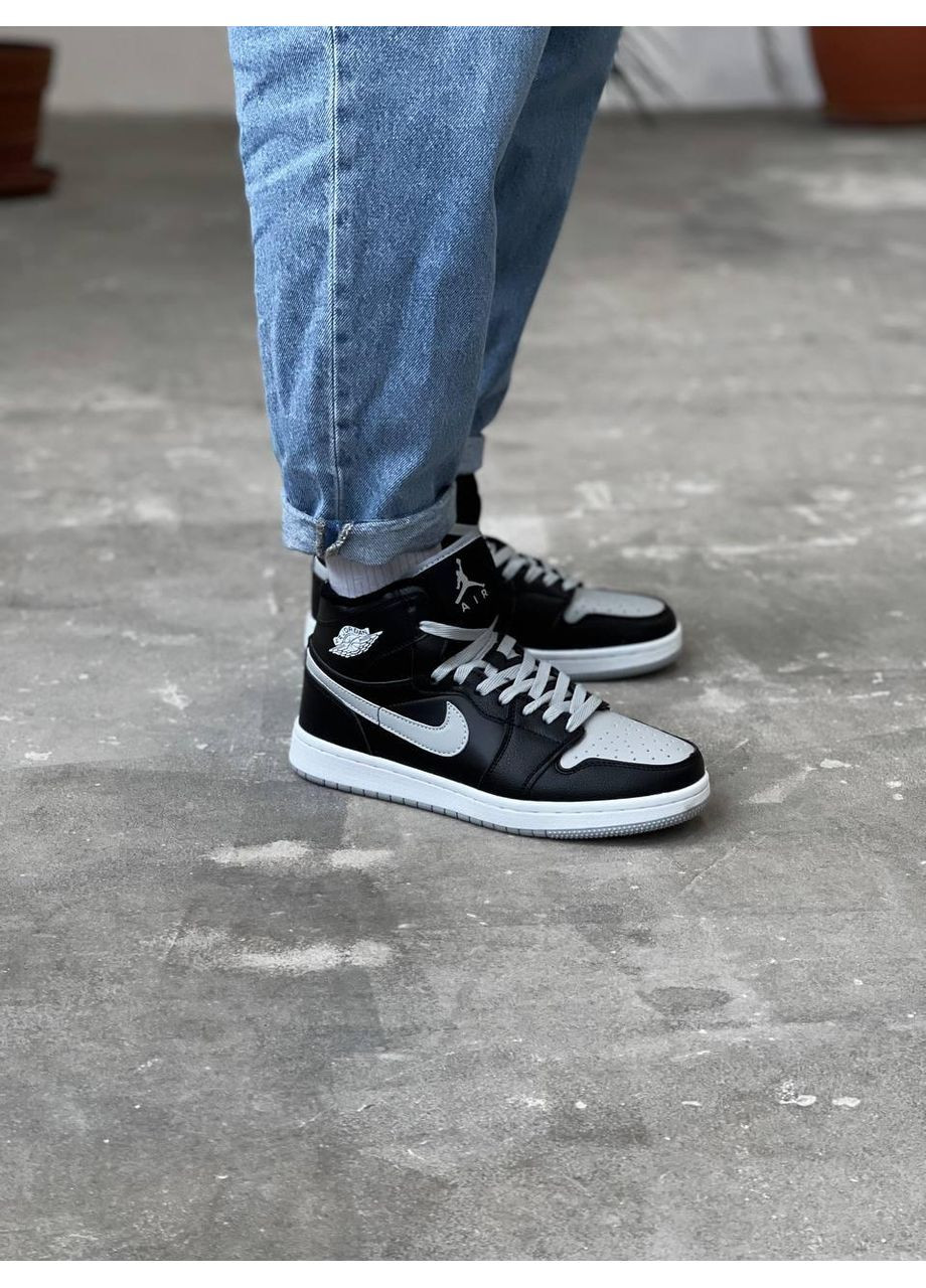 Серые зимние кроссовки мужские nike air jordan retro 1 high black grey swoosh найк аир джордан No Brand