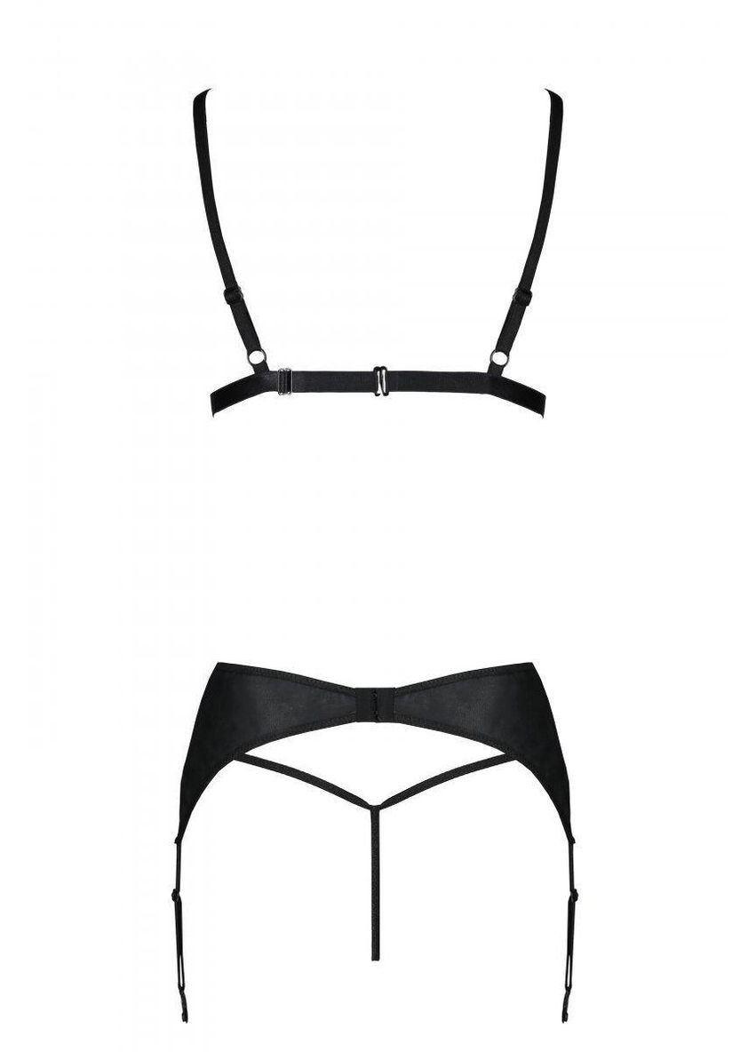 Чорний демісезонний комплект з еко-шкіри miley set black xxl/xxxxl: трусики, бюстгальтер, пояс для панчох Passion