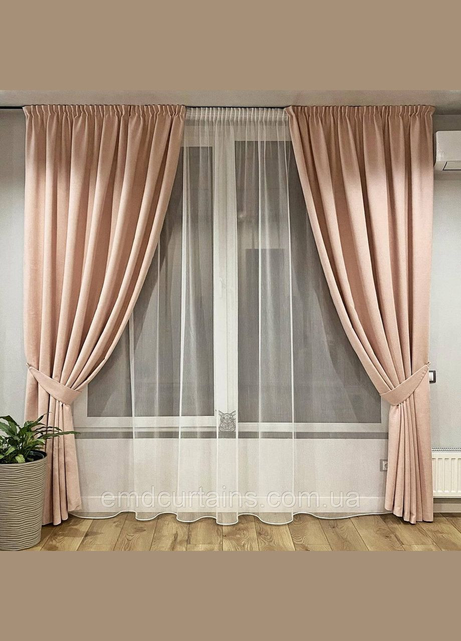 Комплект штори 2 шт з підхватами 180х250 см мікровелюр Рожево-пудровий та тюль бамбук 300 см Тепло-білий No Brand (337357908)