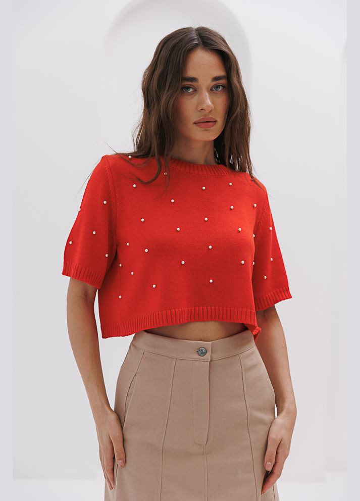 Жіноча в'язана коралова футболка з намистинками Arjen - (296470953)