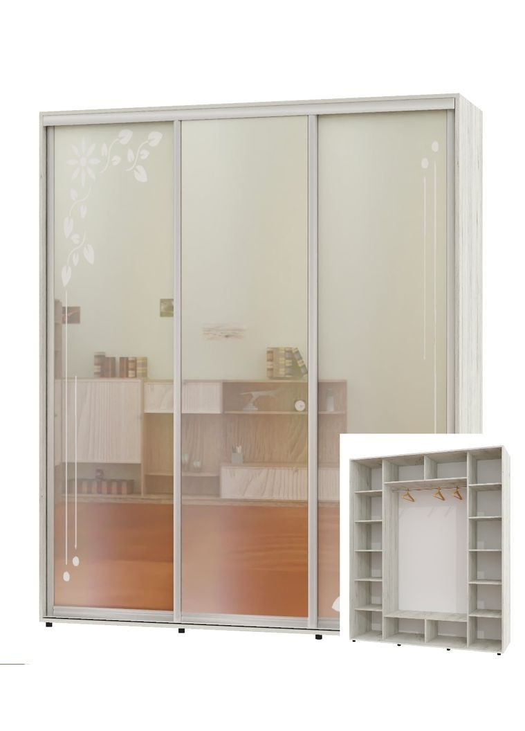 Шафа-купе тридверна 180*60*220 Дуб крафт білий 2 Дзеркала з піскострумним малюнком/Дзеркало ШК-05 Алекса (360477860)