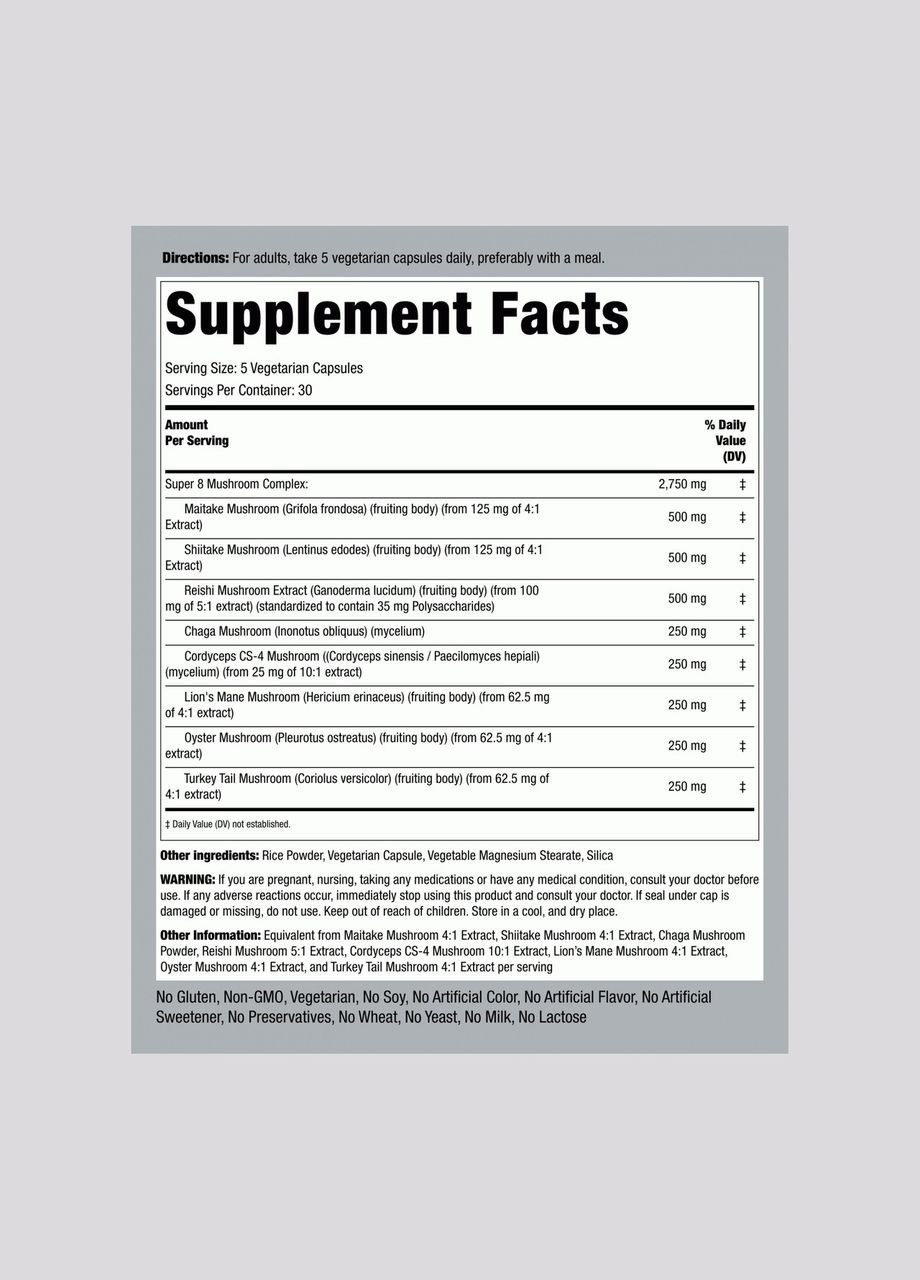 Комплекс экстрактов из 8 грибов 8 Mushroom Complex 2750 мг 150 капс. Piping Rock (346513944)