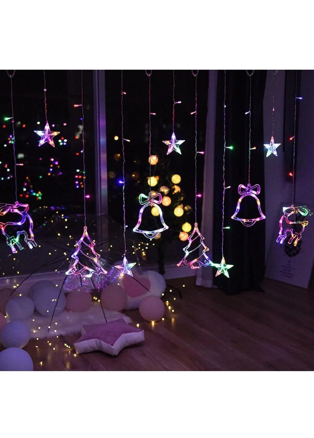 Світлодіодна гірлянда штора завіса на вікно з фігурками дзвіночка оленя ялинки 12 штук робота від мережі 2,5 м (478684-Prob) RGB Unbranded (308336889)