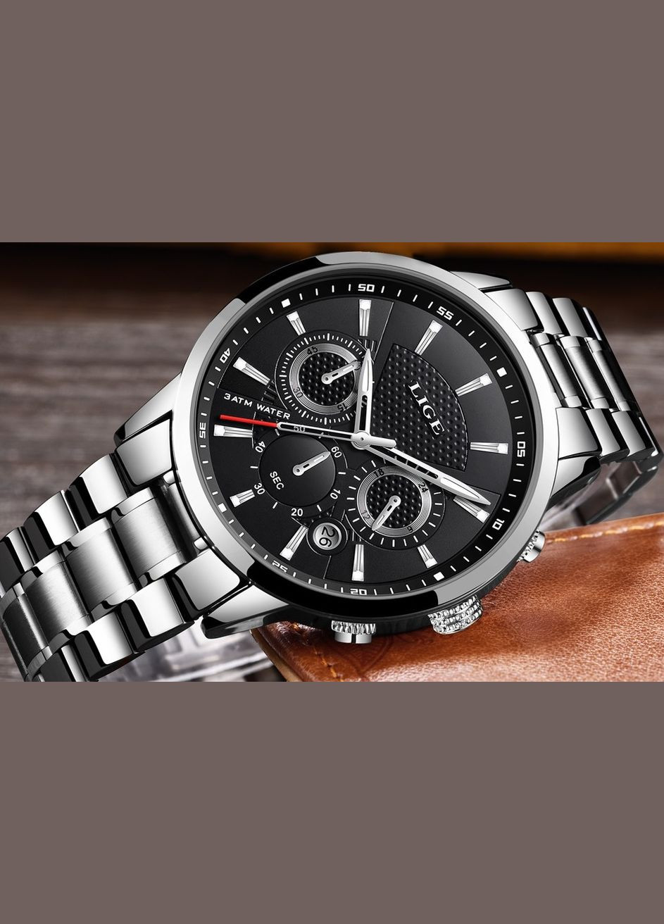 Часы мужские наручные кварцевые классические черные Lige 9866 Silver (325478517)