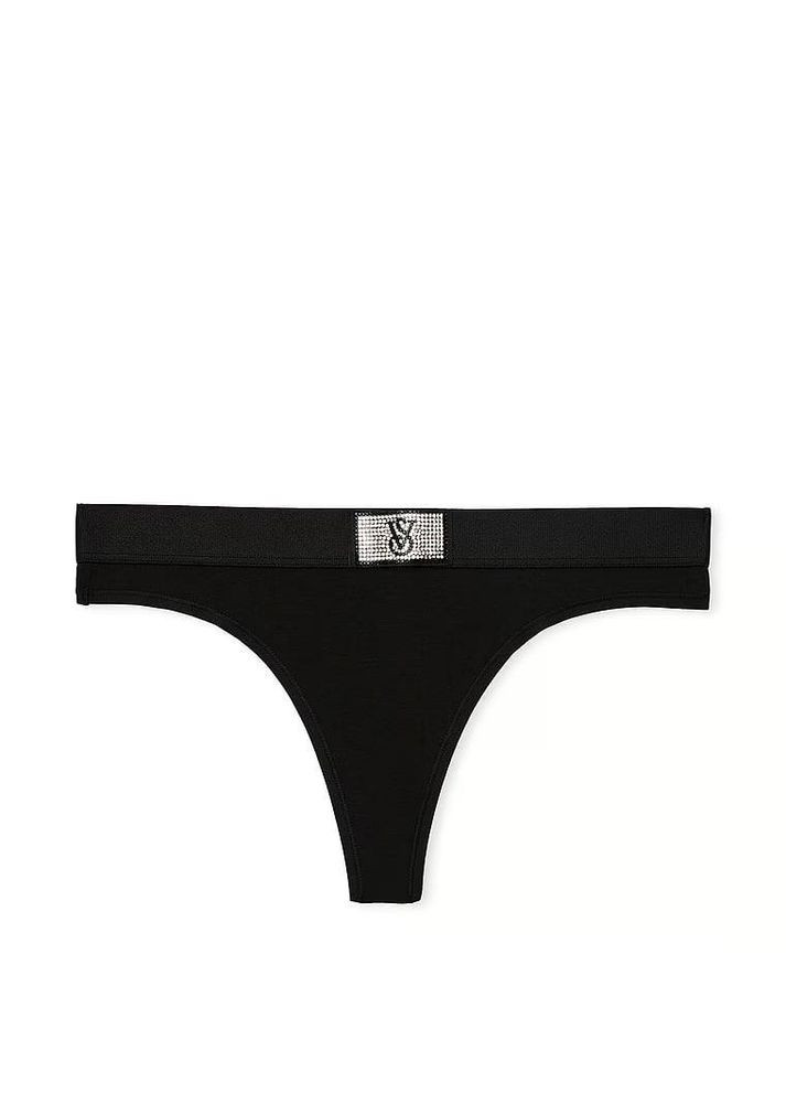 Трусики-стрінги жіночі бавовняні з лого Logo Cotton Shine Patch Thong Panty чорні Victoria's Secret (361072738)