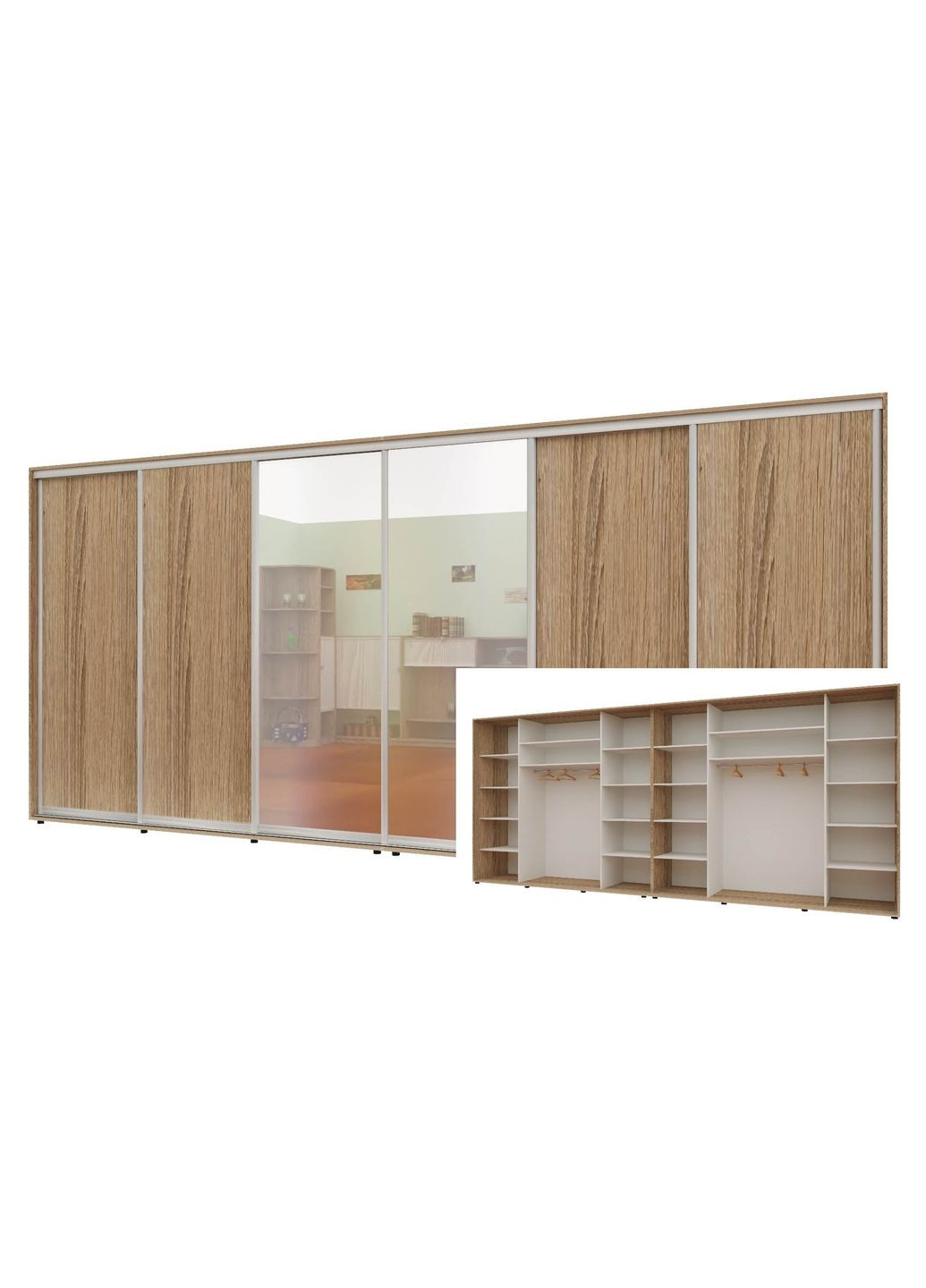 Шкаф-купе шестидверный Комфорт Мебель 500*60*220 см Натуральный 4 двери ДСП + 2 двери Зеркало Макси Комфорт Меблі (360438539)