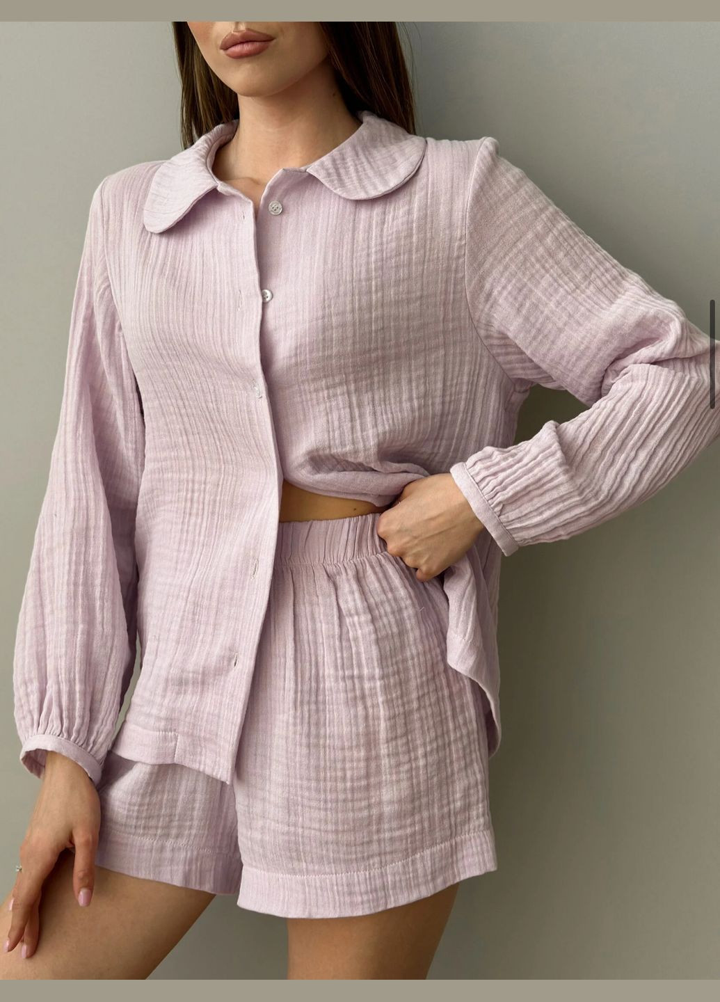 Лиловая всесезон женская муслиновая пижама (шорты и рубашка) стильная одежда для дома хлопковая пижама женская Twins
