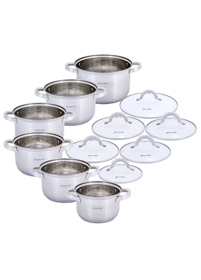 Набор кастрюль из нержавеющей стали 12 предметов для индукции и газа (1.8л, 2.5л, 3.8л, 6.5л) KM- Kamille 5640S (360880082)