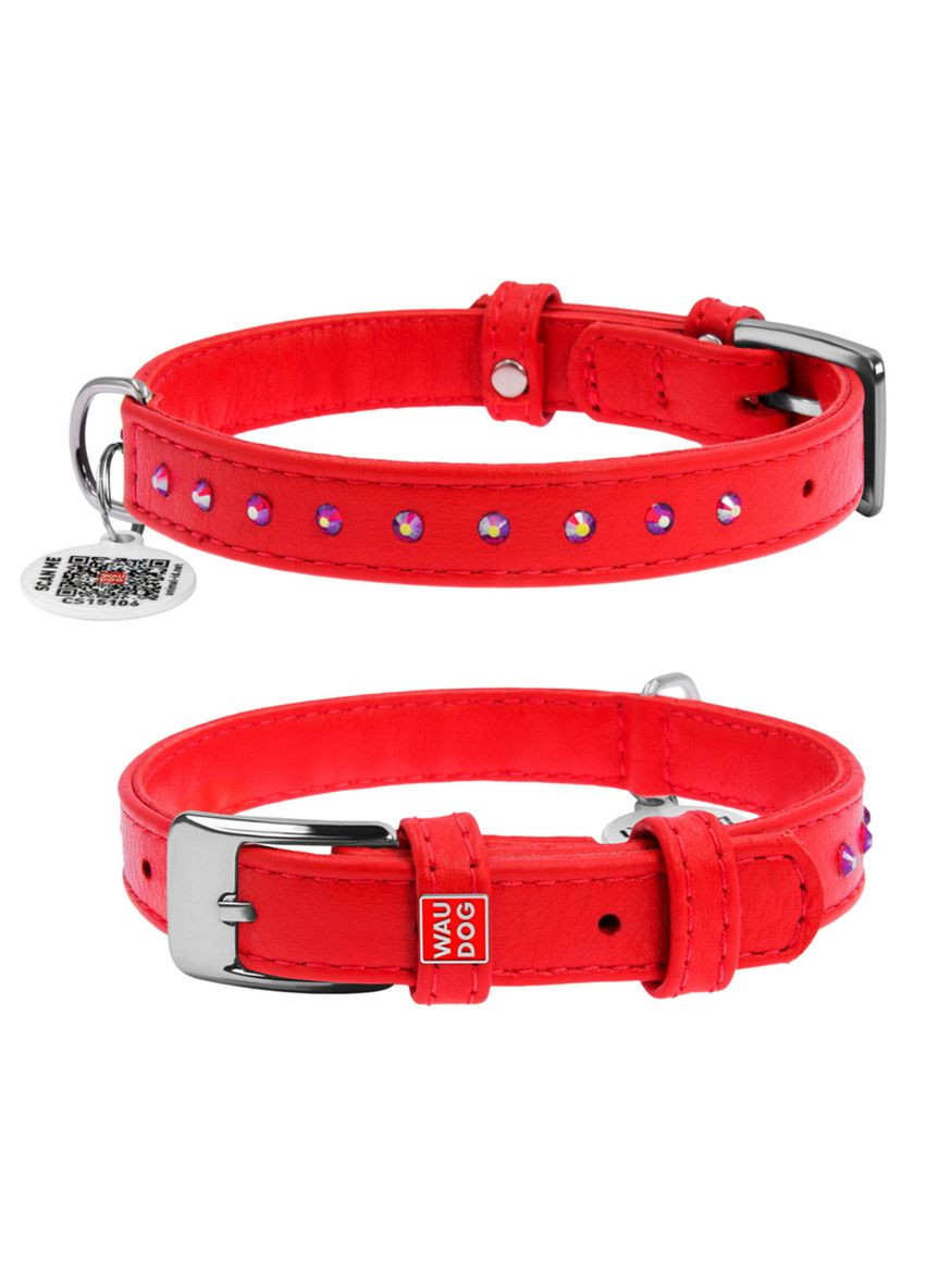 Ошейник для собак кожаный Glamour с QR паспортом, с клеевыми стразами, Ш 15 мм, Дл 27-36 см красный WAUDOG (322327972)