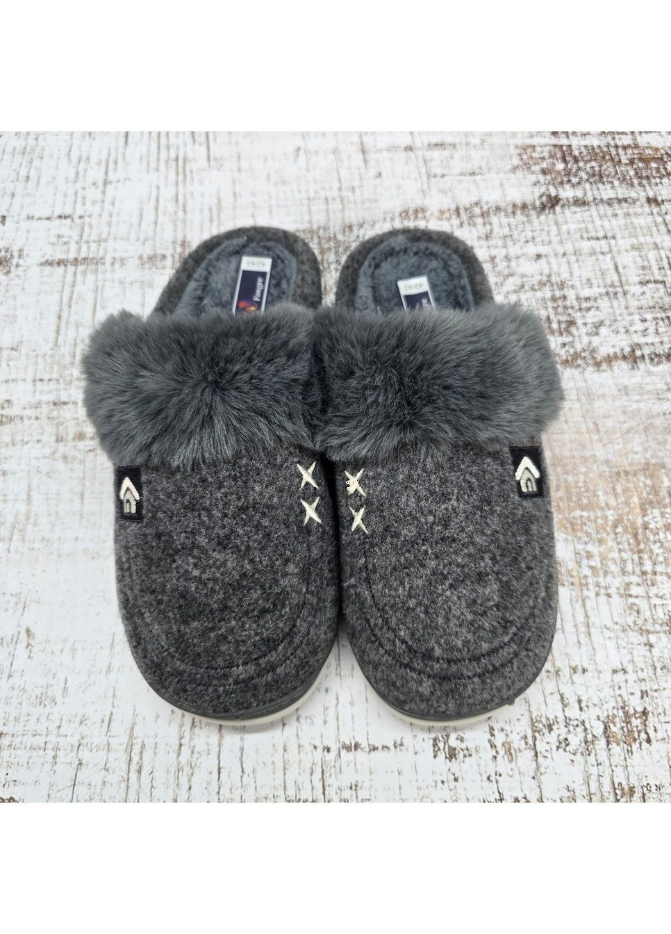 Серые тапочки мужские домашние fangre черные теплые с закрытым носком и меховой опушкой Fashion