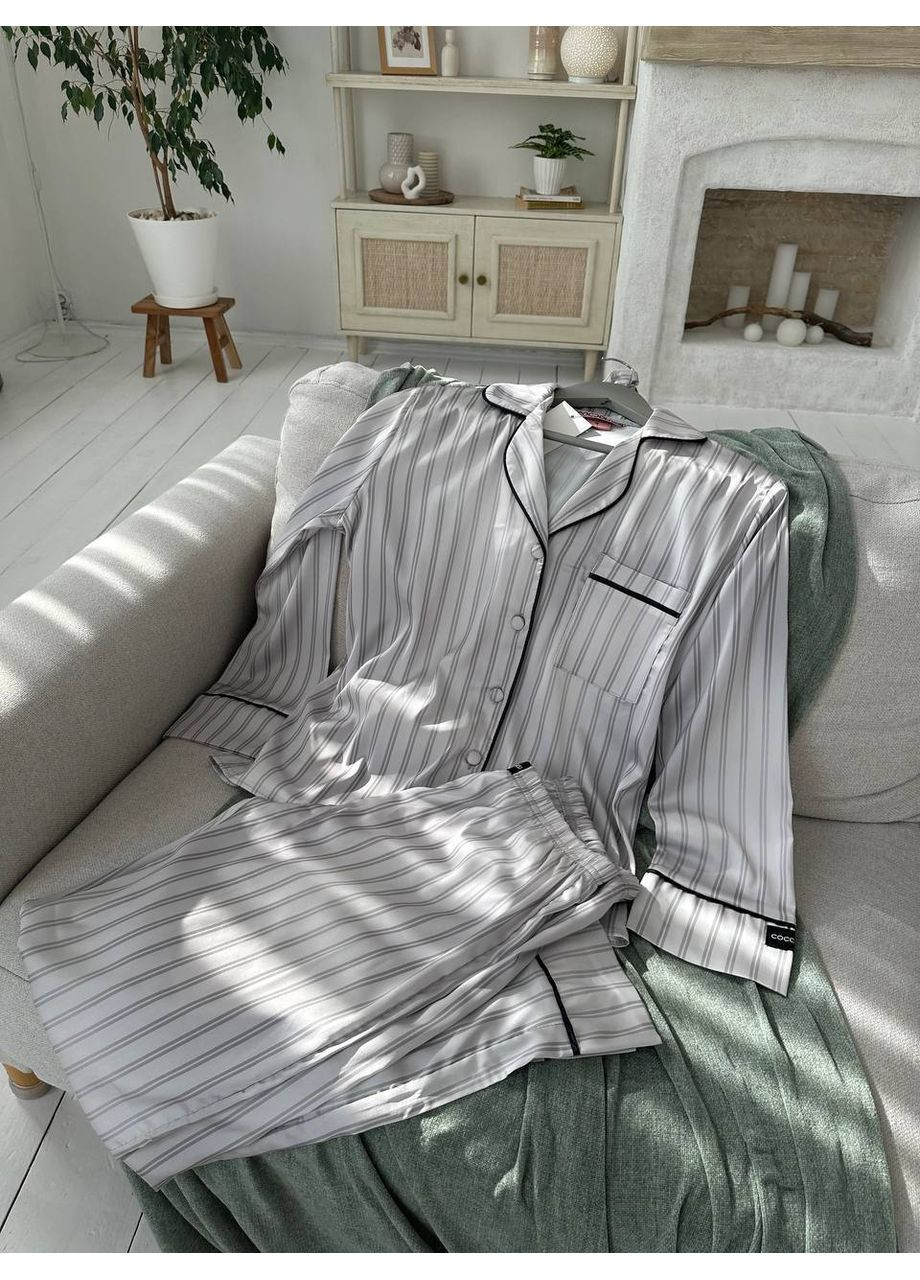 Сіра всесезон жіноча піжама | сіра у смужку сорочка + брюки Vital-Textile 1266