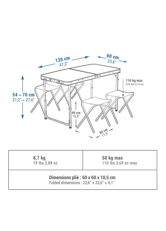 Складной Стол Для Кемпинга (Пикника) + 4 Сиденья, Высота 70 см Столешница 60x120 см Quechua (335052777)