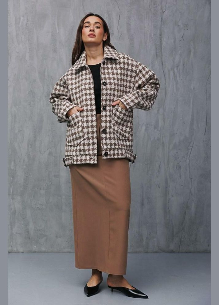 Бежева демісезонна жіноче коротке пальто oversize бежеве в гусячу лапку mkar69091-1 Modna KAZKA