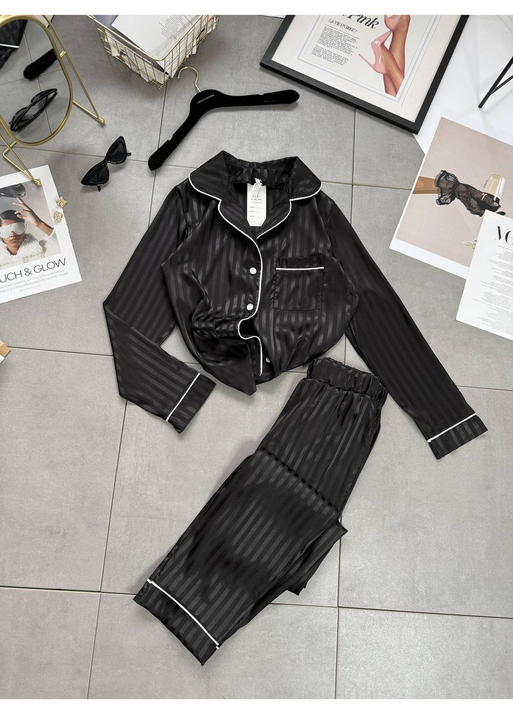 Черная всесезон женская пижама рубашка + брюки No Brand