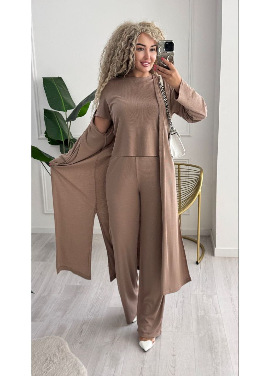 Женский костюм тройка в рубчик: кардиган + брюки + футболка MonCher (351554851)