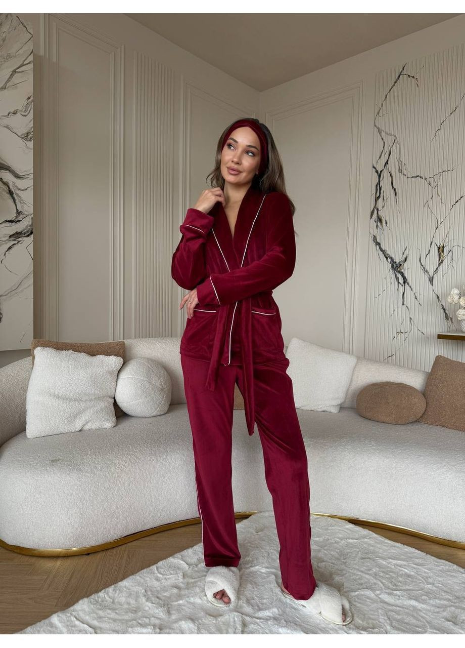 Бордова всесезон піжама жіноча велюрова кофта + брюки Style Point