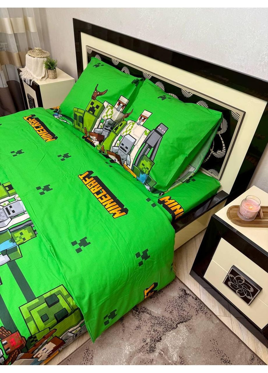 Постельное белье хлопковое Майнкрафт зеленый Полуторное 150 x 220 Бязь Зеленое 70 х 70 No Brand (362202647)