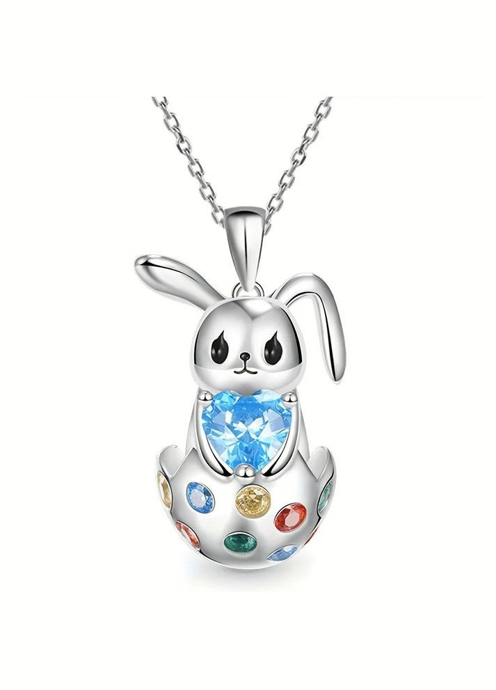 Ланцюжок з кулоном Симпатичний Зайчик із сердечком блакитний камінь фіаніт Великодній кролик сріблястий Liresmina Jewelry (290664060)