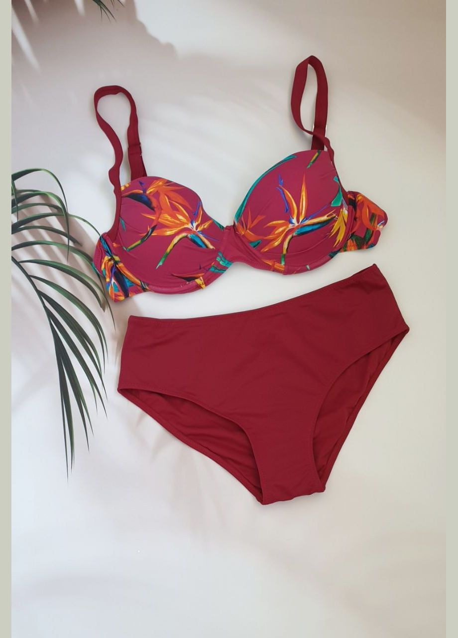 Красный летний женский раздельный купальник с цветочным принтом раздельный No Brand