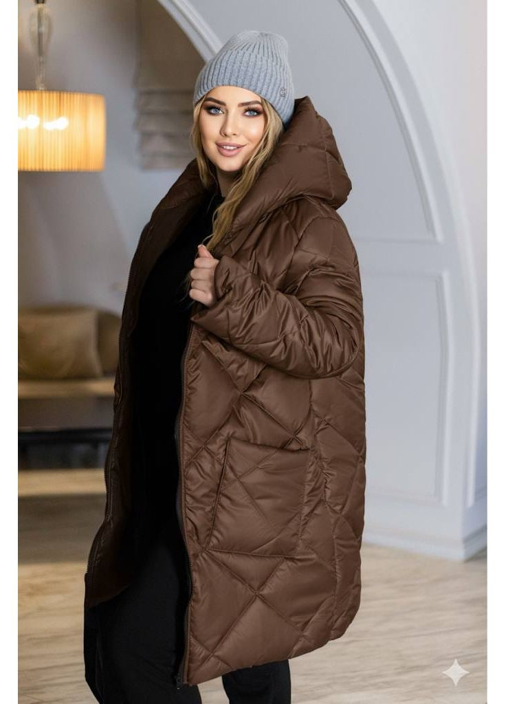 Коричнева зимня жіноча подовжена зимова куртка з блиском — заміри в описі куртка-пальто Vione