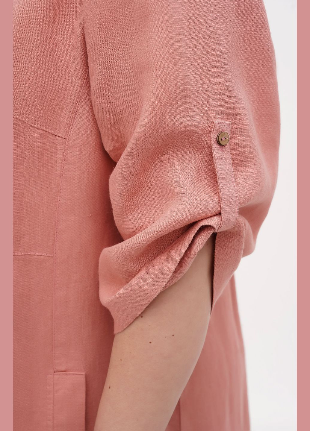 Рожева лляна вільна сукня з довгим рукавом однотонна з кишенями наїна, великі розміри (plus size)., р., код 0448/58/420 ГАЛЕРЕЯ ЛЬОНУ