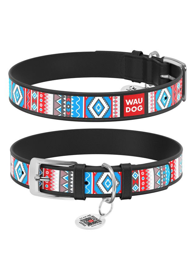 Ошейник для собак кожаный WAUDOG Design с QR паспортом, рисунок "Этно", M, Ш 20 мм, Дл 29-38 см, No Brand (363198012)
