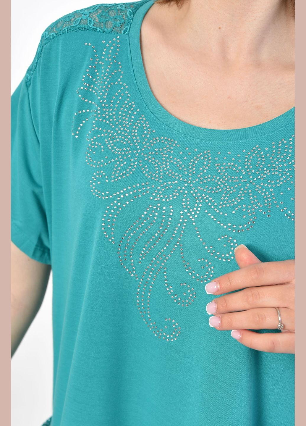Бірюзова літня футболка жіноча батальна бірюзового кольору Let's Shop