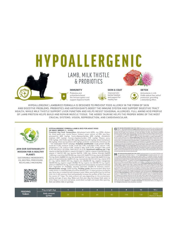 Корм для собак малых пород Dog Hypoallergenic Adult Small Breed гипоаллергенный с ягненком, 1 кг Brit Care (362702798)