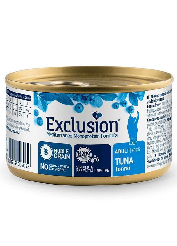 Консервований монопротеїновий корм з тунцем для дорослих котів Noble Grain Cat Adult Tuna 85 г (8011259004031) Exclusion (327055247)