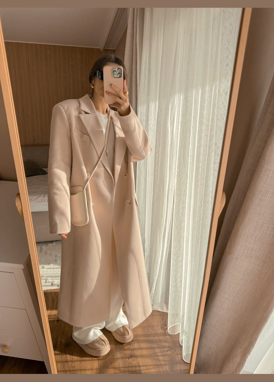 Молочное демисезонное Женское стильное длинное пальто прямого кроя из кашемира без утеплителя с поясом цвет молочный AL