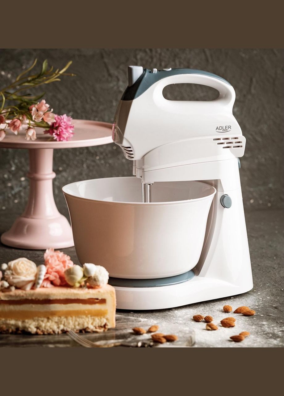 Міксер з чашею AD 4202 (300 Вт, турбо, 5 швидкостей, компактний, вінчики, гачки для тіста) Adler (304612323)