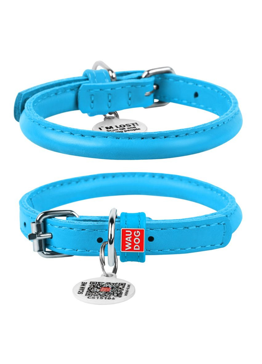 Ошейник для собак кожаный Glamour с QR паспортом, круглый, Д 6 мм, Дл 17-20 см голубой WAUDOG (322328074)