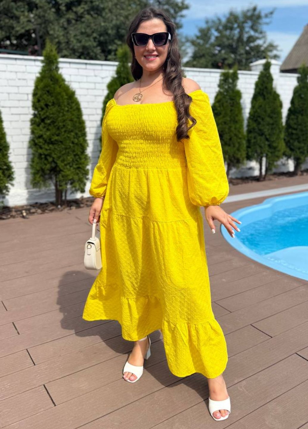 Желтое повседневный изысканное легкое летнее макси платье прошва с подкладкой и длинными рукавами фонарик Tik-Tak однотонное