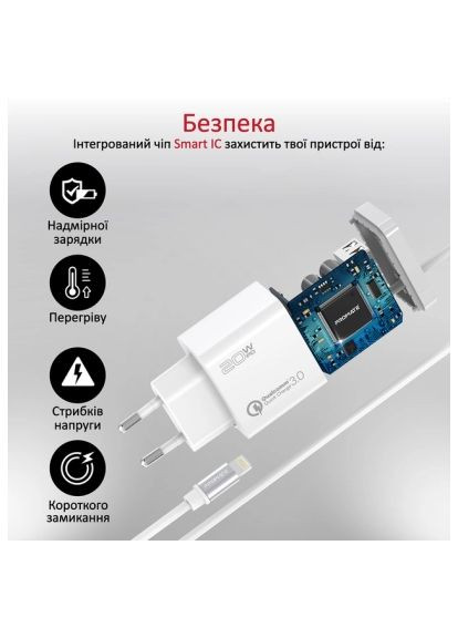 Зарядний пристрій (icharge-pdqc3.white) Promate icharge-pdqc3 Lightning PD20W + USB-A QC3.0 White (369880086)