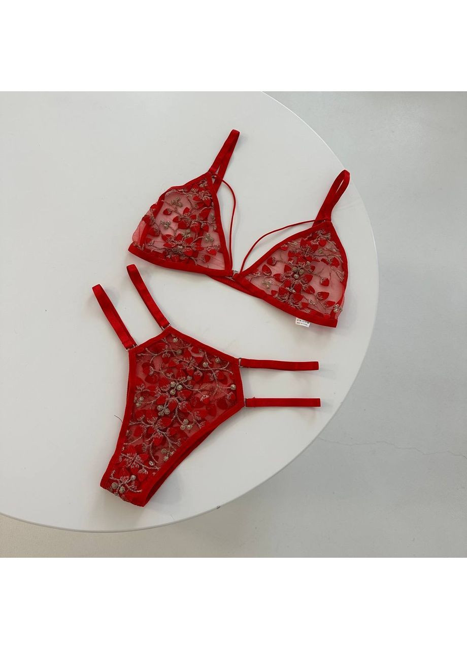 Червоний демісезонний комплект білизни у сіточку трусики бразильяни набір з квітками No Brand Білизна жіноча