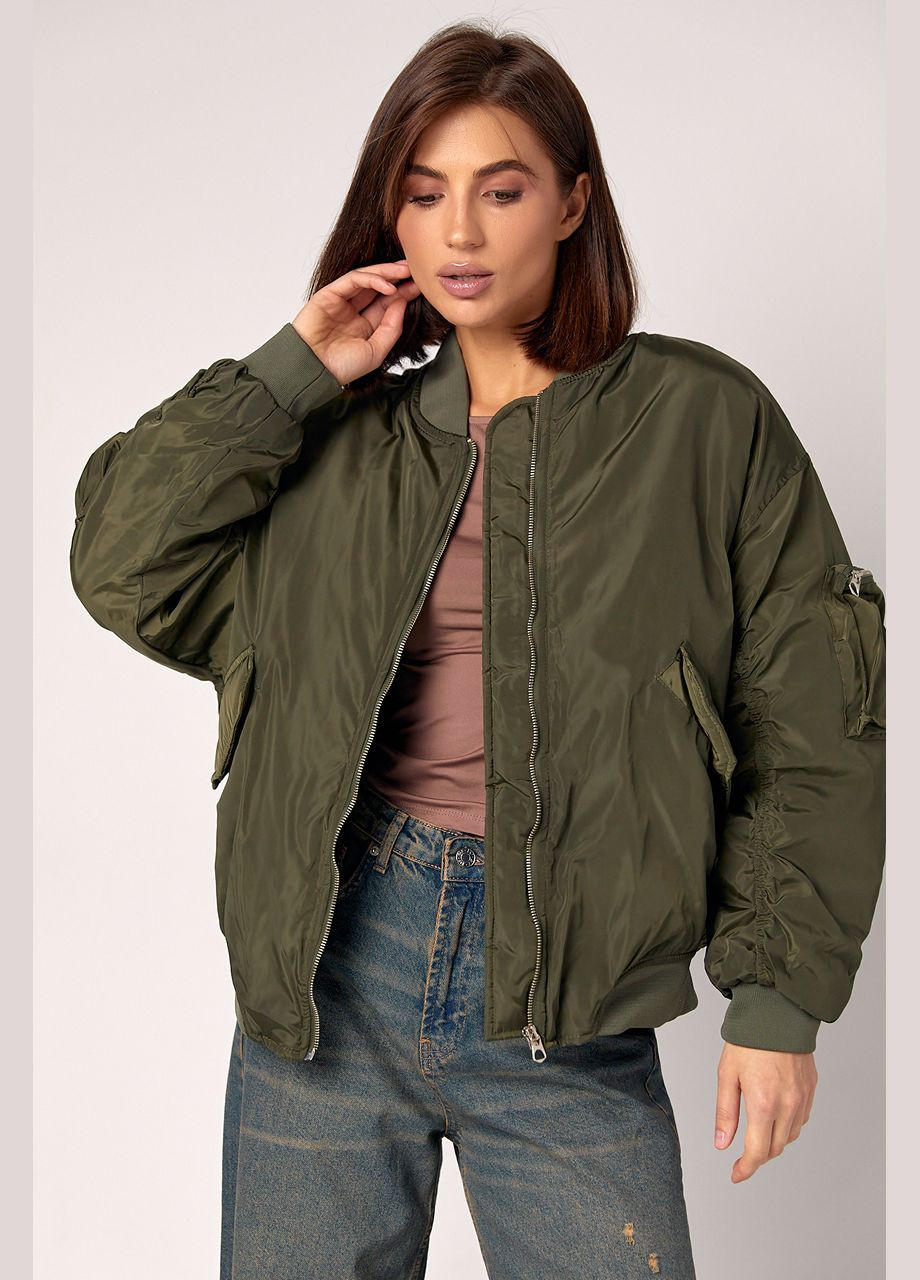 Оливкова (хакі) демісезонна демісезонна куртка жіноча на блискавці - хакі цвет, m (sku_23192) No Brand