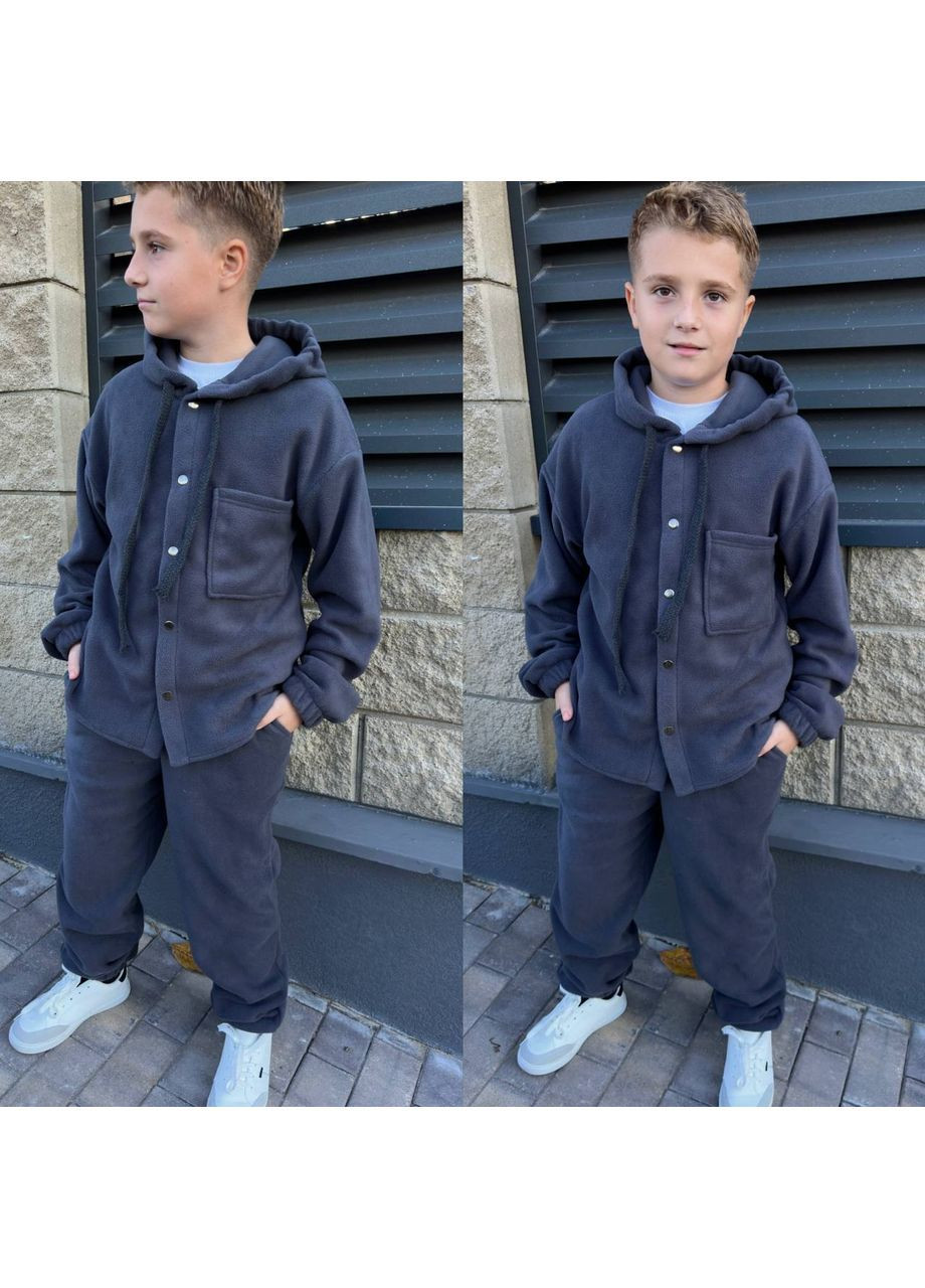 Серый костюм для мальчиков флис полар двухсторонний полированный,рубашка на кнопках с капюшоном и брюки Україна