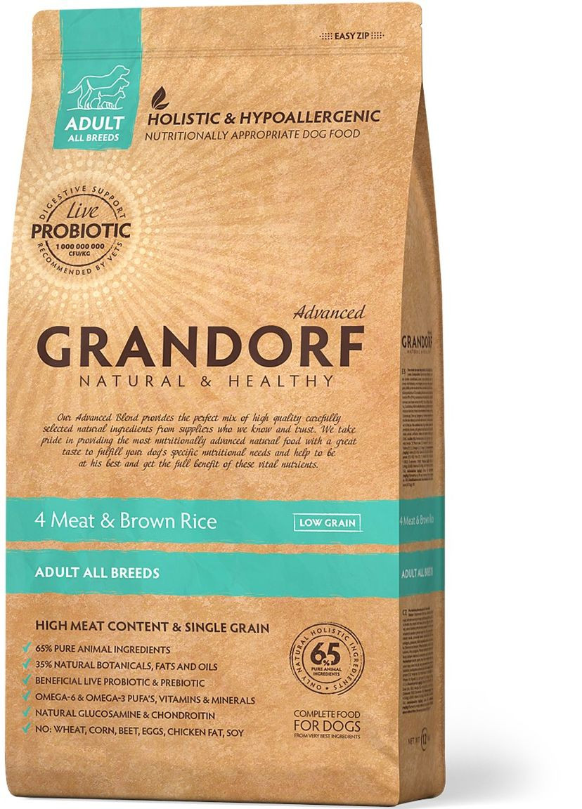 Сухой корм для взрослых собак средних и крупных пород FOUR MEAT ADULT 4 вида мяса и пробиотики, 3 кг Grandorf (306442415)