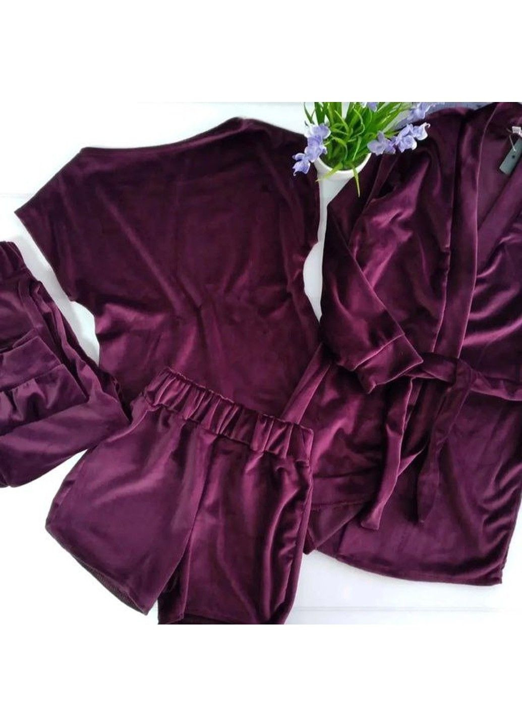 Бордовая всесезон велюровая пижама 4 в 1 для девочки No Brand