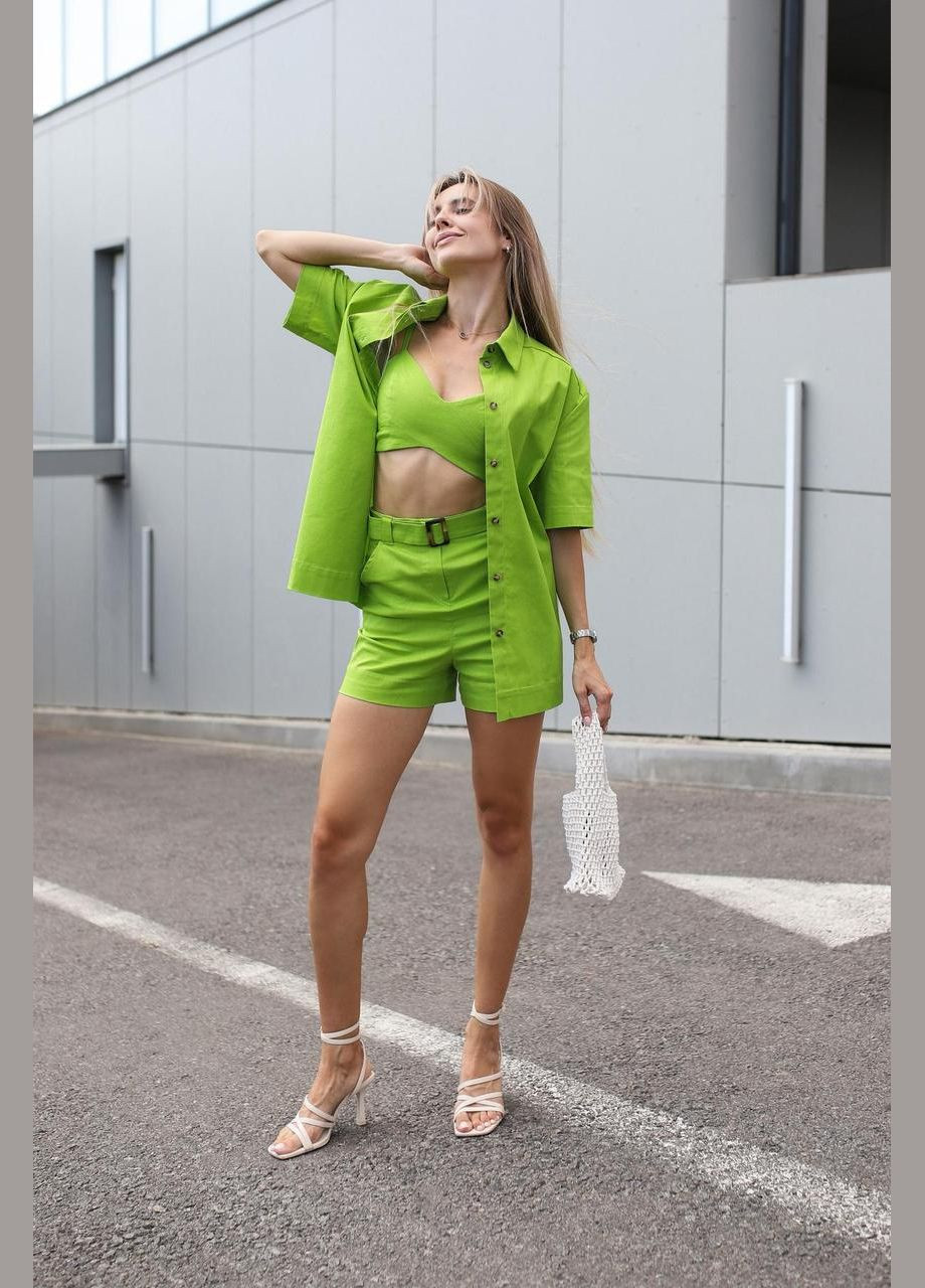 Женский комплект (рубашка, топ, шторты), трэндовый летний лляной костюм, подойдет для встреч и прогулки Intruder (347579775)