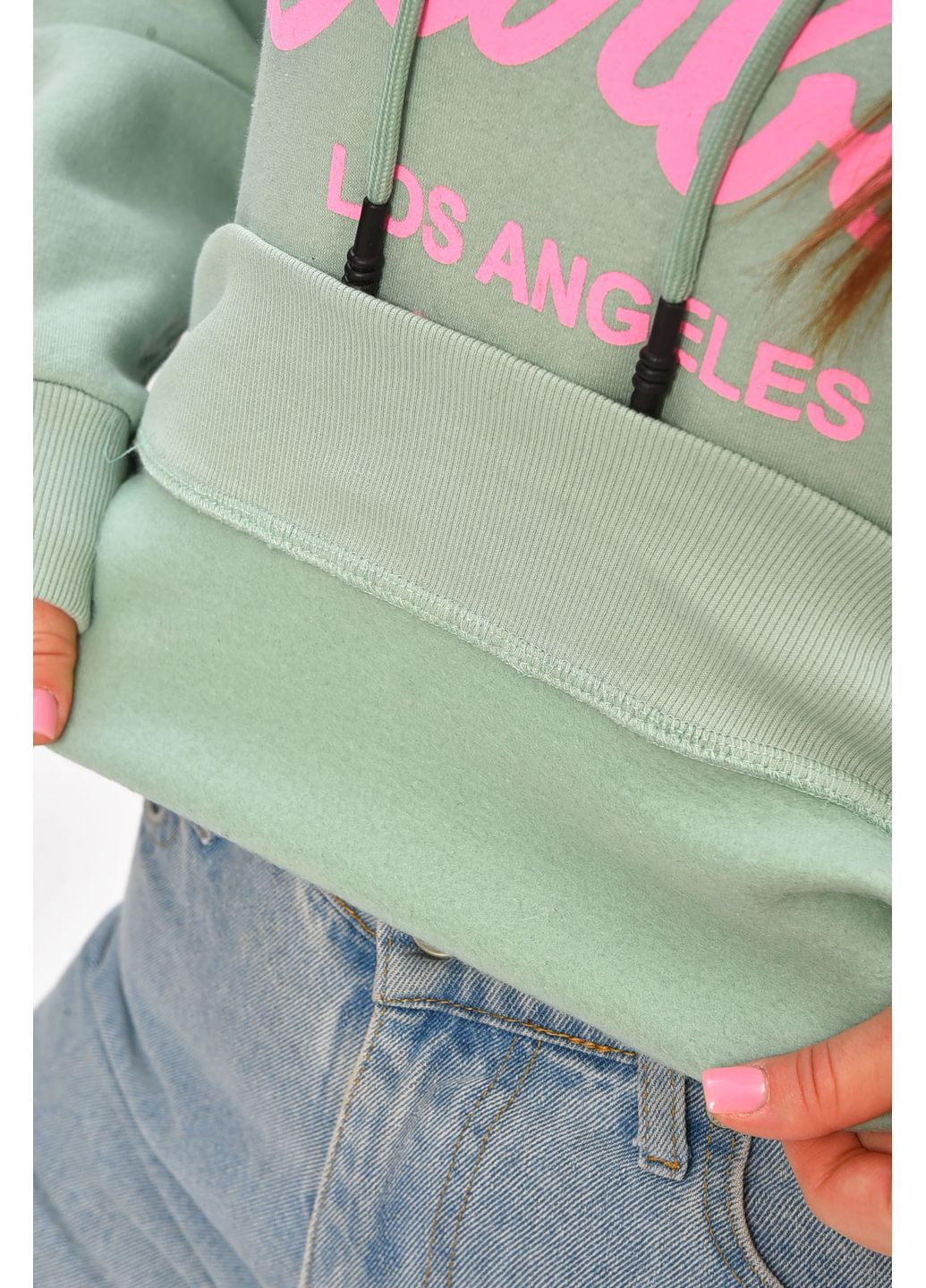 М'ятний худі жіноче напівбатальне на флісі м'ятного кольору з принтом Let's Shop напис без декору (362627019)