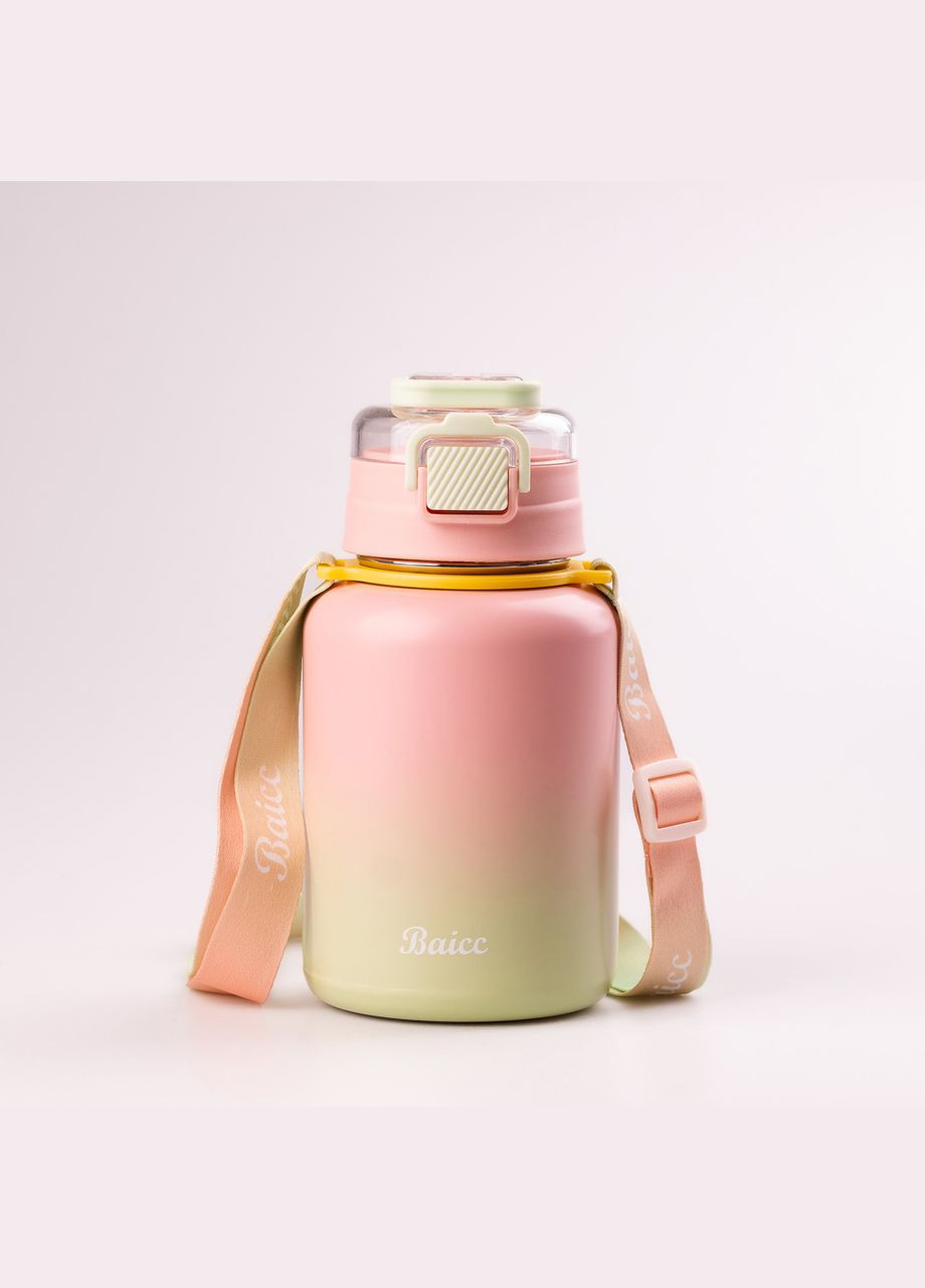 Термос з напувалкою 600 мл з металевою колбою та ремінцем Рожевий Happy Life (315718427)