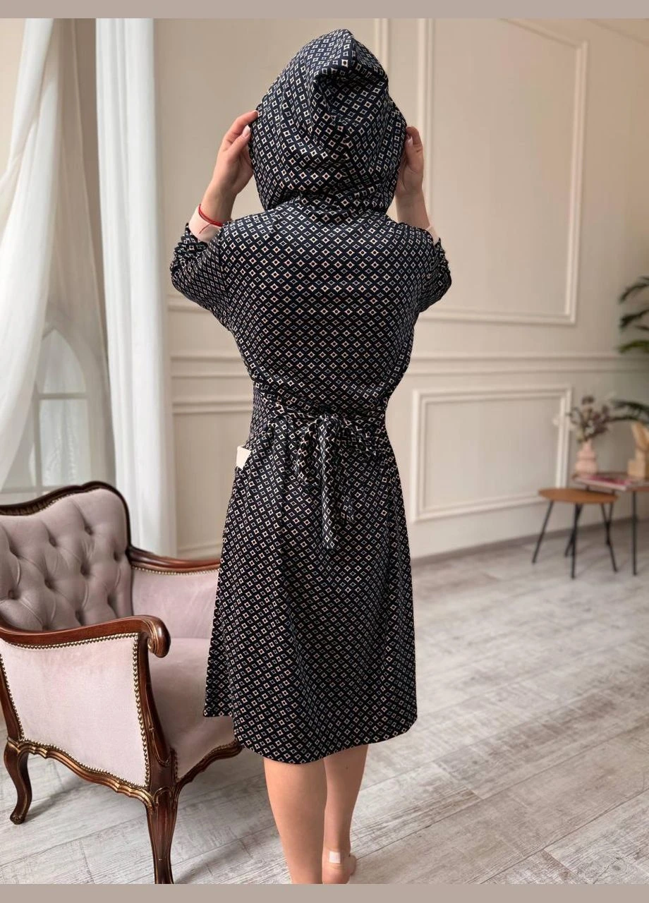 Велюровый халат с капюшоном на замке с длинным рукавом Черный S/M (velur0010-4) No Brand (323161027)