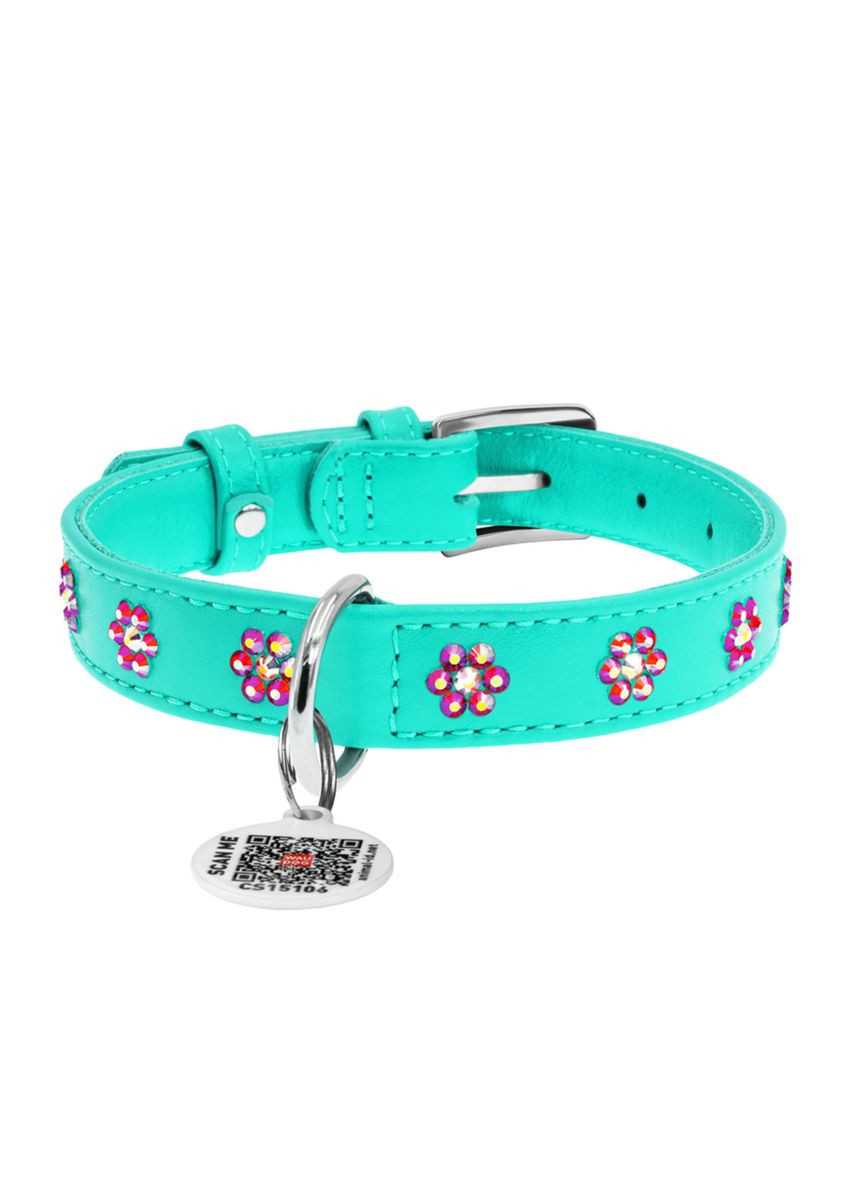 Нашийник для собак шкіряний Glamour з клейовими стразами "Квіточка" Ш 20 мм Д 30-39 см Ментоловий WAUDOG (332879945)
