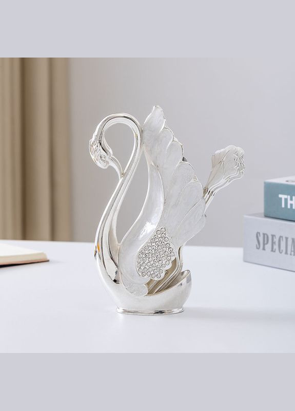 Набір з 6 кавових/чайних ложок та витонченої підставки у вигляді лебедя з імітацією перламутру Срібного кольору No Brand (336884610)