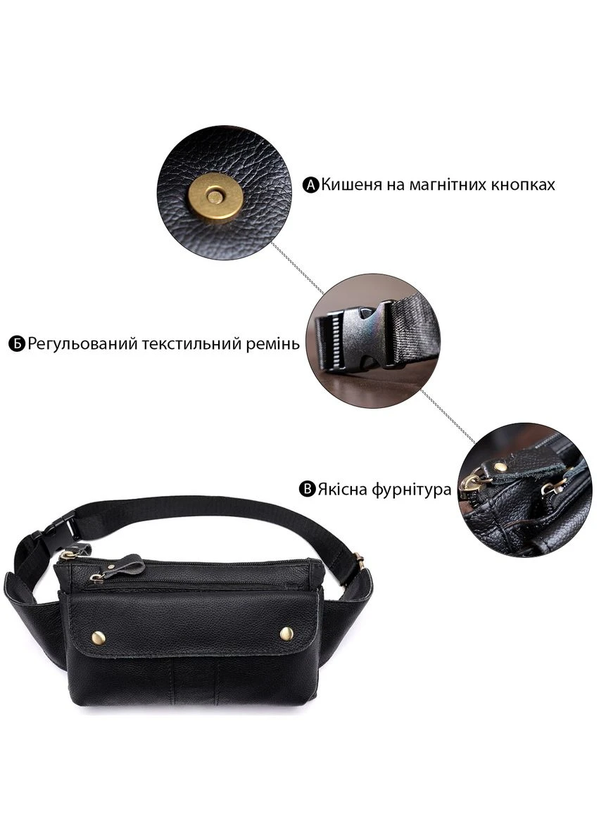 Кожаная бананка Vintage с 2 отделениями регулируемым ремешком черная (sku_14809) No Brand (328922346)
