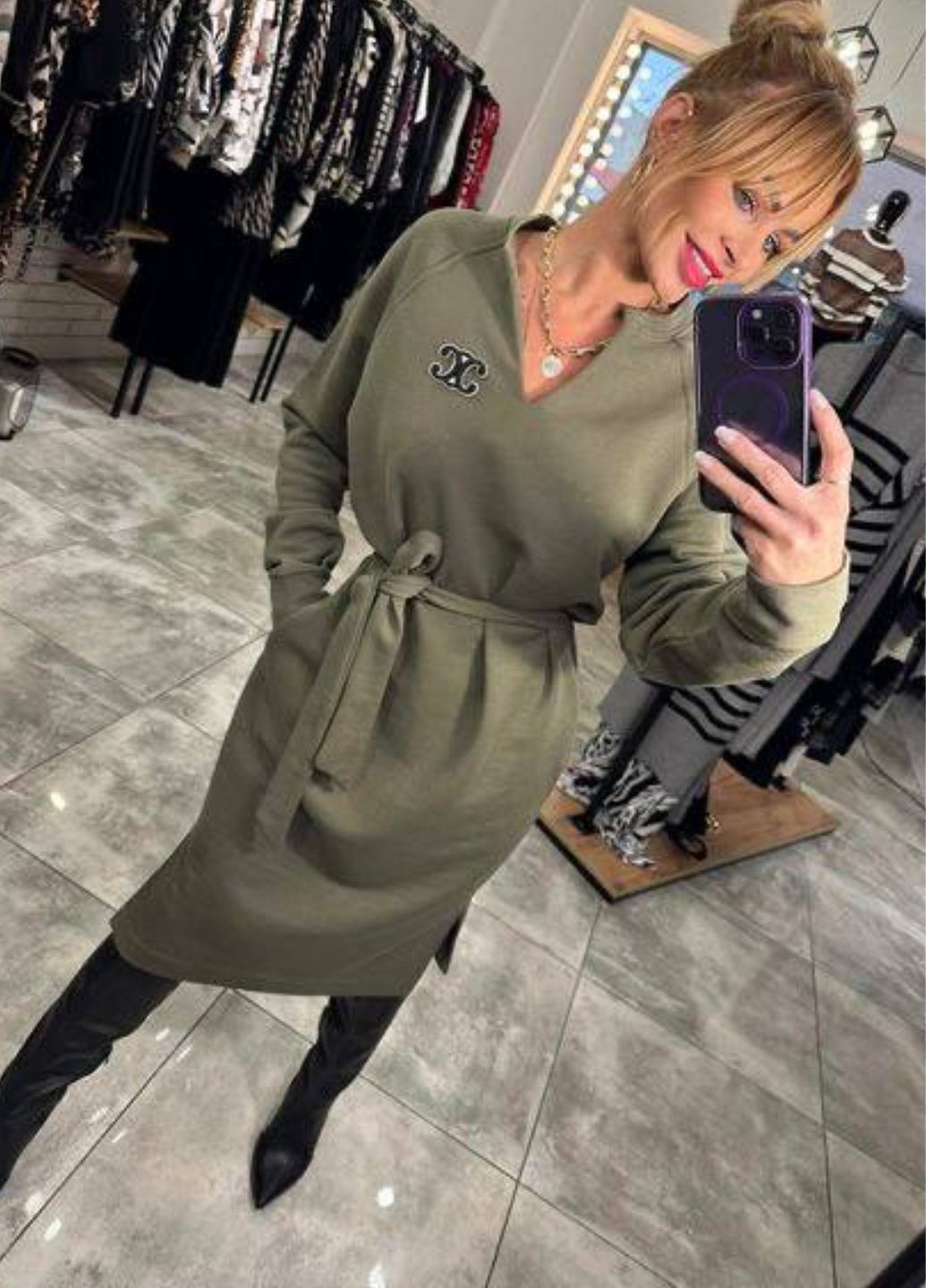 Оливкова (хакі) повсякденний сукня з поясом сукня-світшот Allthings однотонна