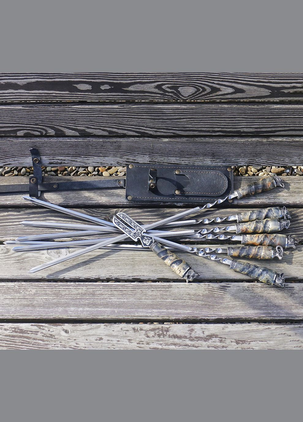 Подарунковий набір шампурів у шкіряному чохлі з виделкою мельхіор (НШ005КВМ) Гранд Презент (279381988)