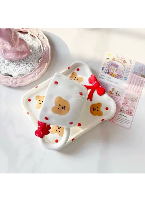 Изысканная керамическая чашка с блюдцем 220 мл с рисунками мишек OSM (365549078)